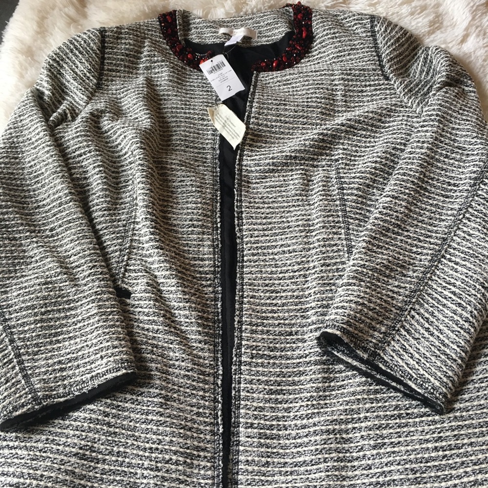 Chicos Size 2 Embellished Neckline Tweed LS Jacket